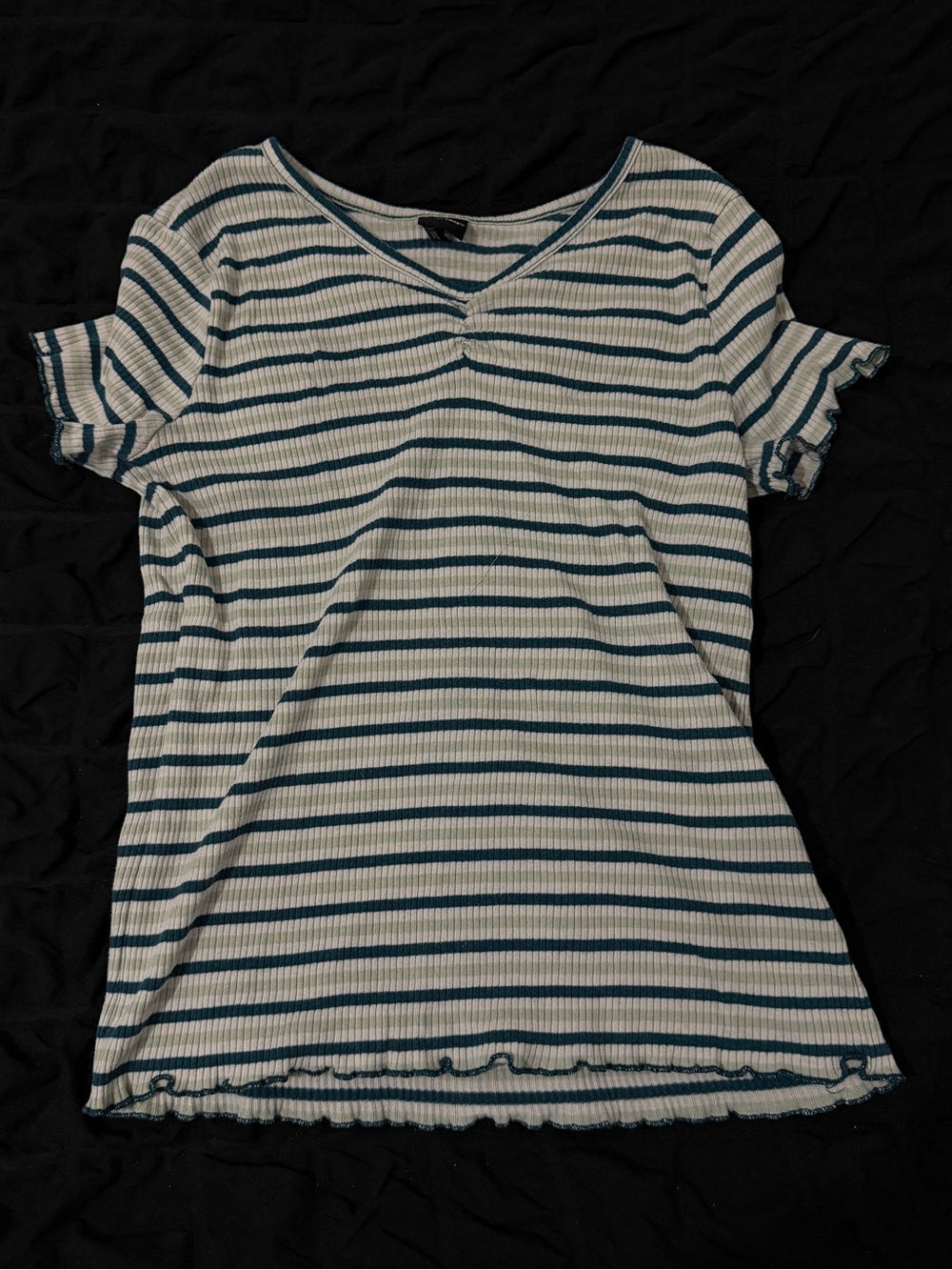art class Cream and Teal Striped V-Neck Short Sleeve Top
